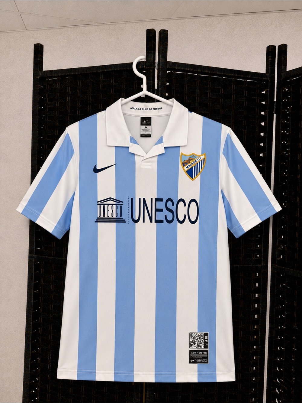 Nike Málaga CF Home Soccer Jersey in Light Blue and White Stripes
